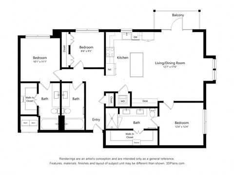 Floor plan for 3 beds, 3 baths, 1590 sqft